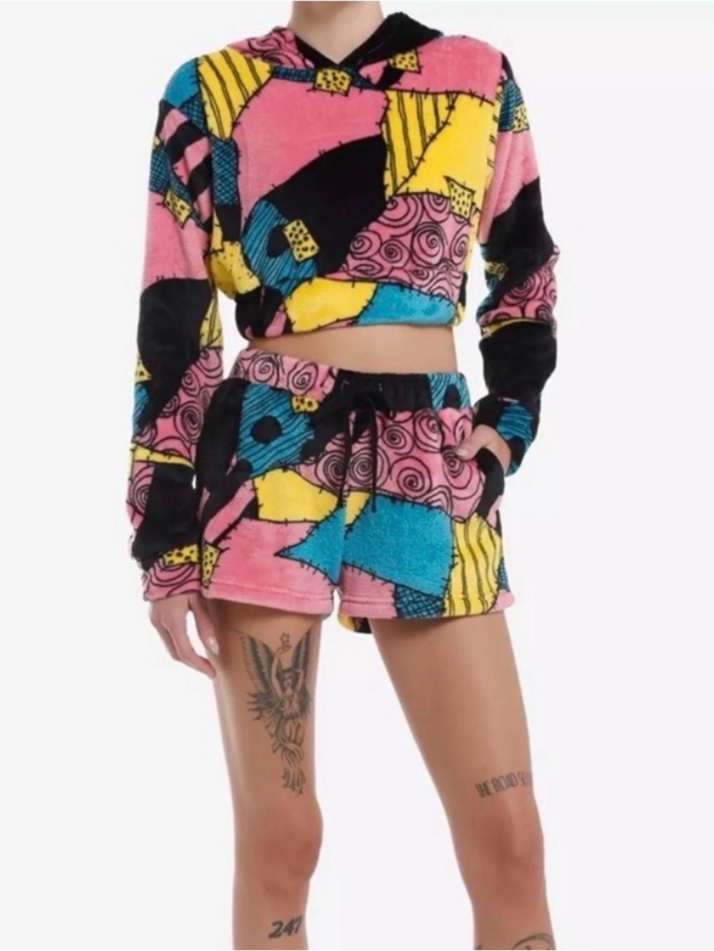 Hot Topic Nightmare Before Christmas Sally Print Fuzzy Crop Hoodie + Shorts Set
